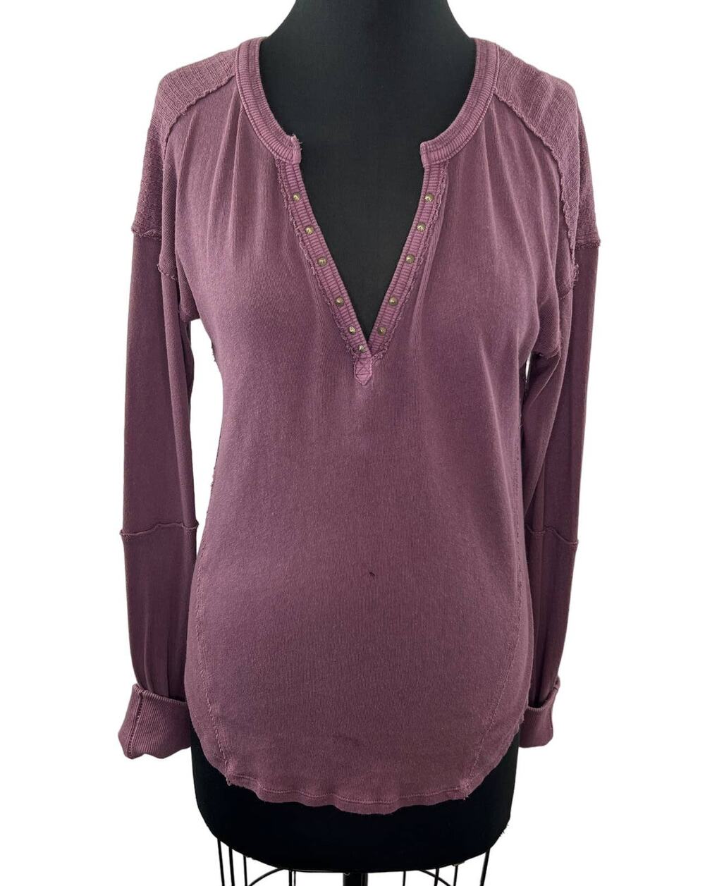 FP We the Free Pink Military Mix Henley Top Long Sleeve Raw Edges Split Neck M